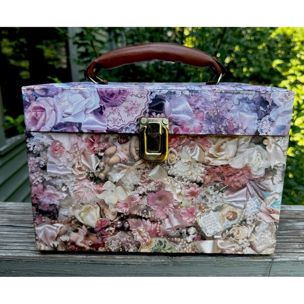 Shabby Chic Romantic Floral Cherub Train Case Jewelry Box Mirror Lid⁠